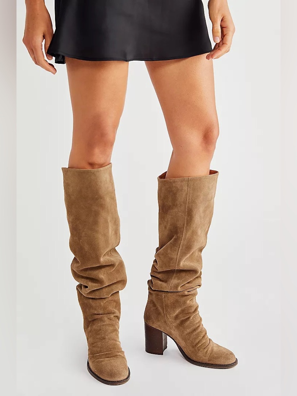 Free People /Elle Knee High Slouchy Suede Boots Block Heels Taupe - Sz 8.5 - New